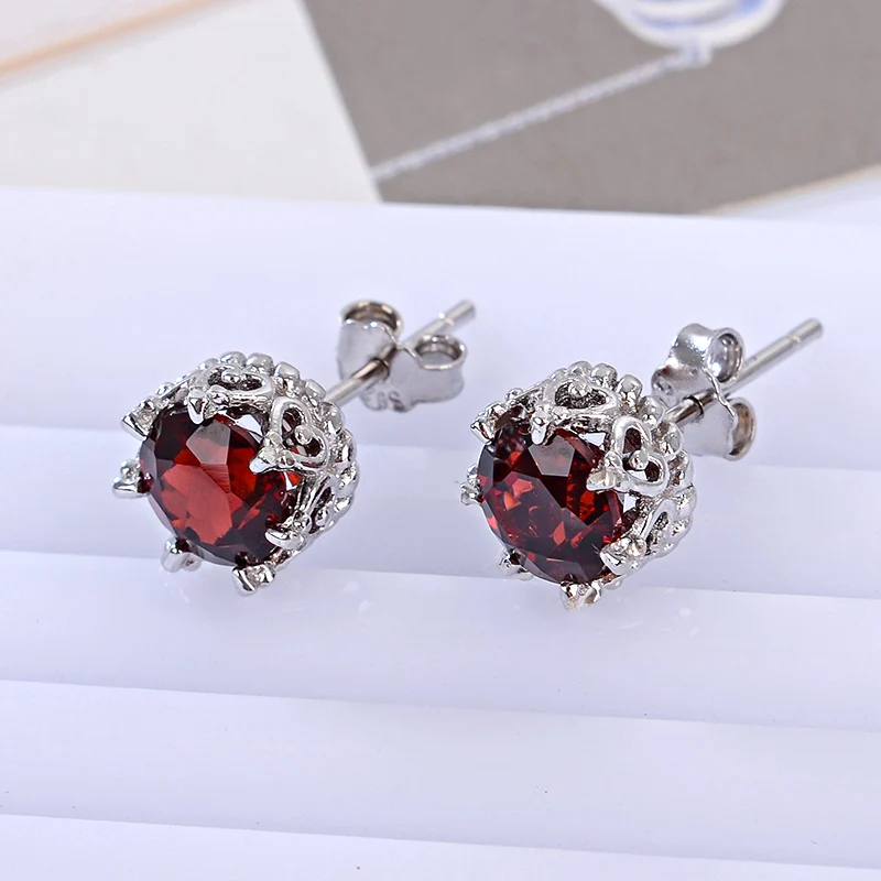 Natural Red Garnet 925 Sterling Silver Stud Earrings