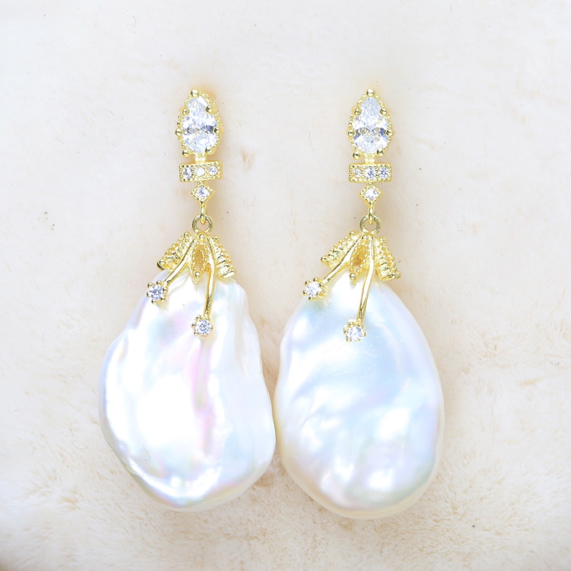 Baroque 925 Silver Big Cultivated Pearl Earring For Women