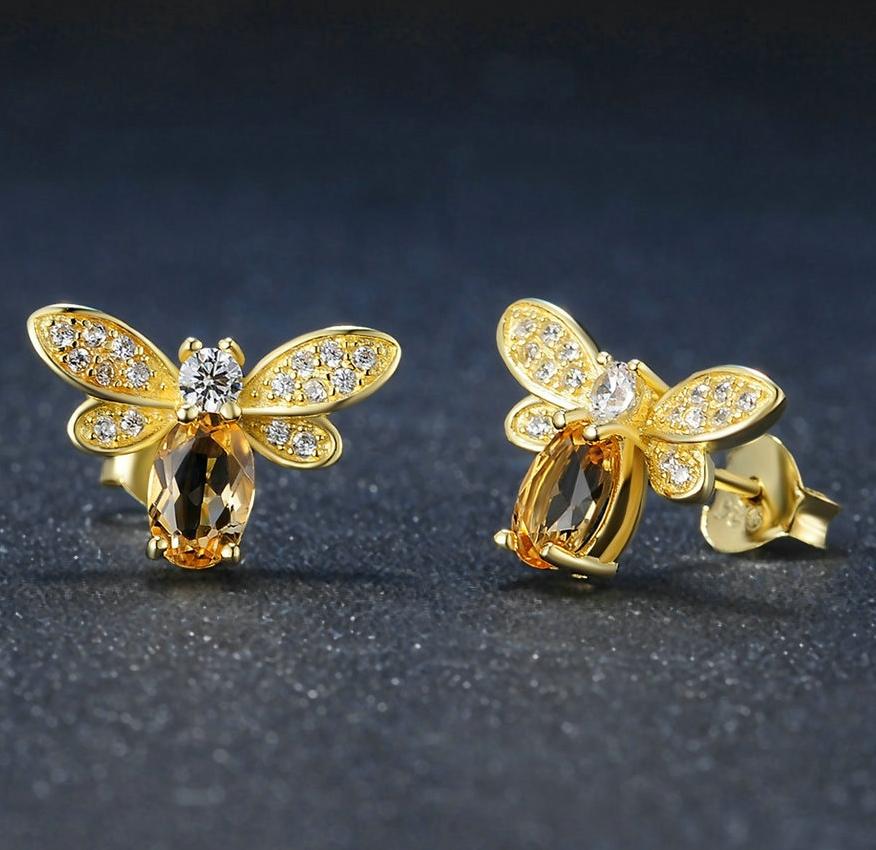 925 Sterling Silver Citrine Bee Earrings for Women