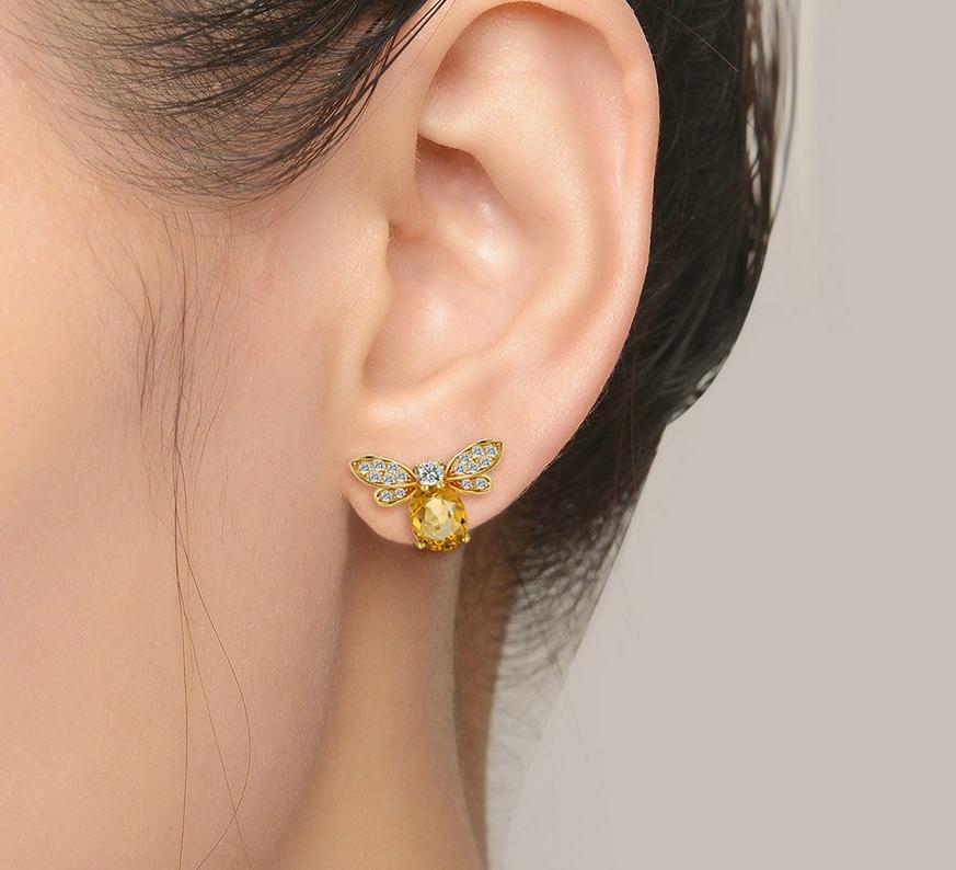 925 Sterling Silver Citrine Bee Earrings for Women