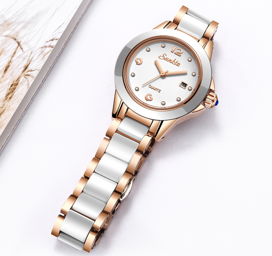 Women's Diamond Decorated Round Watch with Ceramic Band