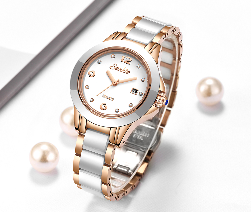 Women's Diamond Decorated Round Watch with Ceramic Band