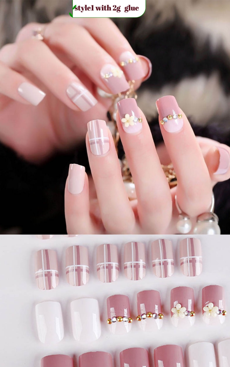 designer Crystal Flowers  with stones Press-on Nails 24 Pcs Set