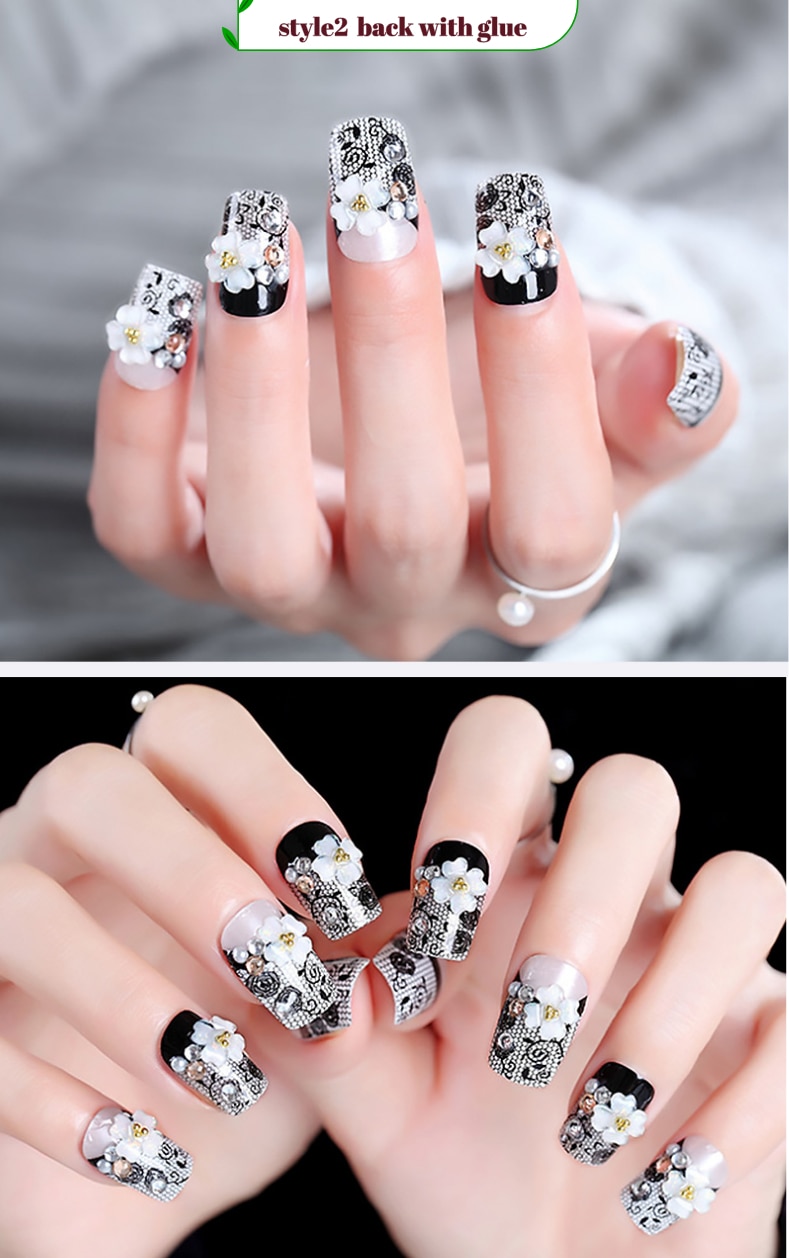 designer Crystal Flowers  with stones Press-on Nails 24 Pcs Set