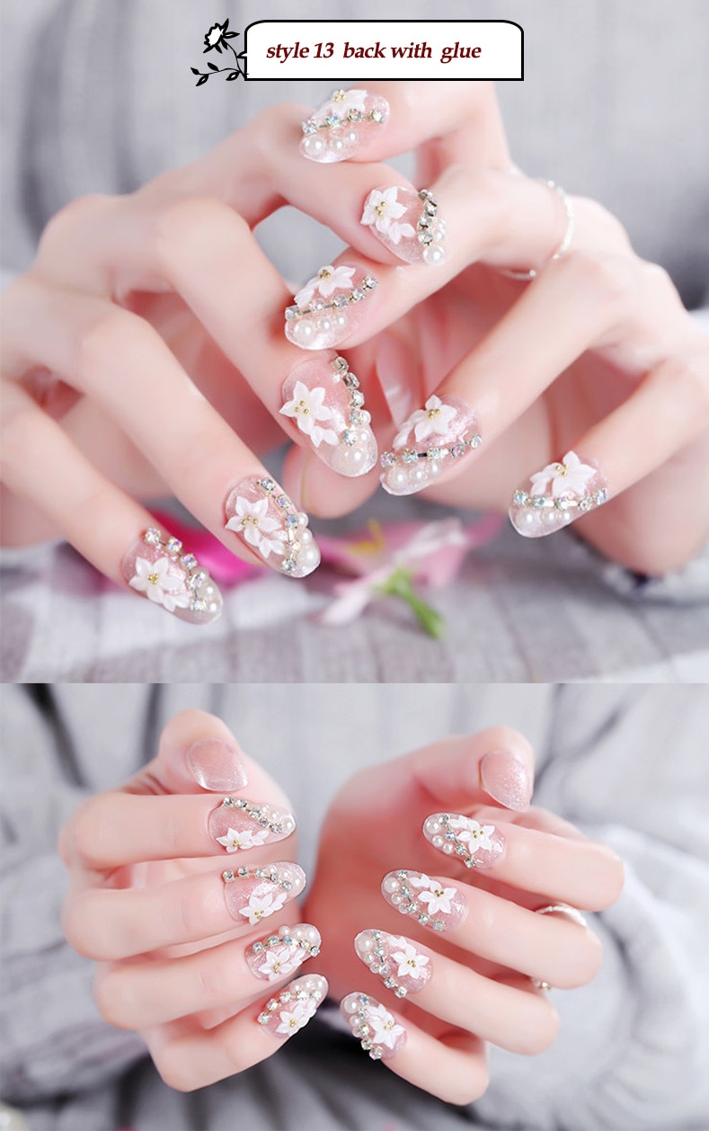 designer Crystal Flowers  with stones Press-on Nails 24 Pcs Set