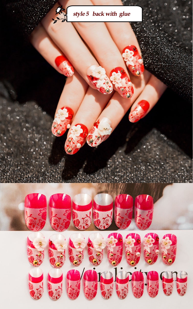 designer Crystal Flowers  with stones Press-on Nails 24 Pcs Set