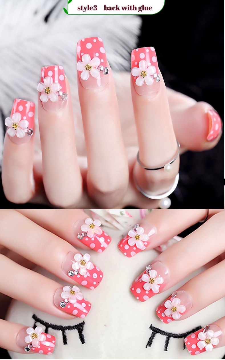 designer Crystal Flowers  with stones Press-on Nails 24 Pcs Set