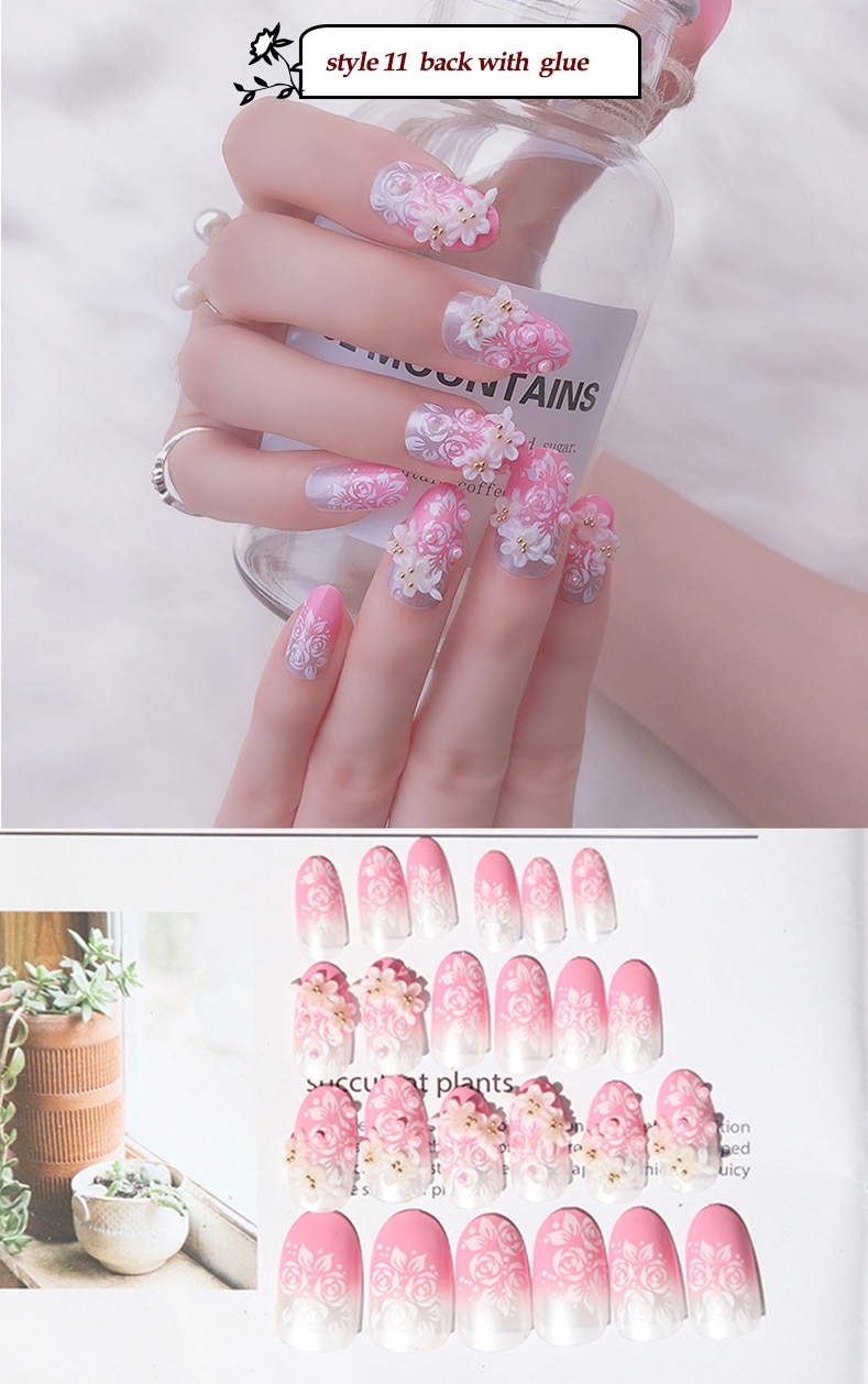 designer Crystal Flowers  with stones Press-on Nails 24 Pcs Set